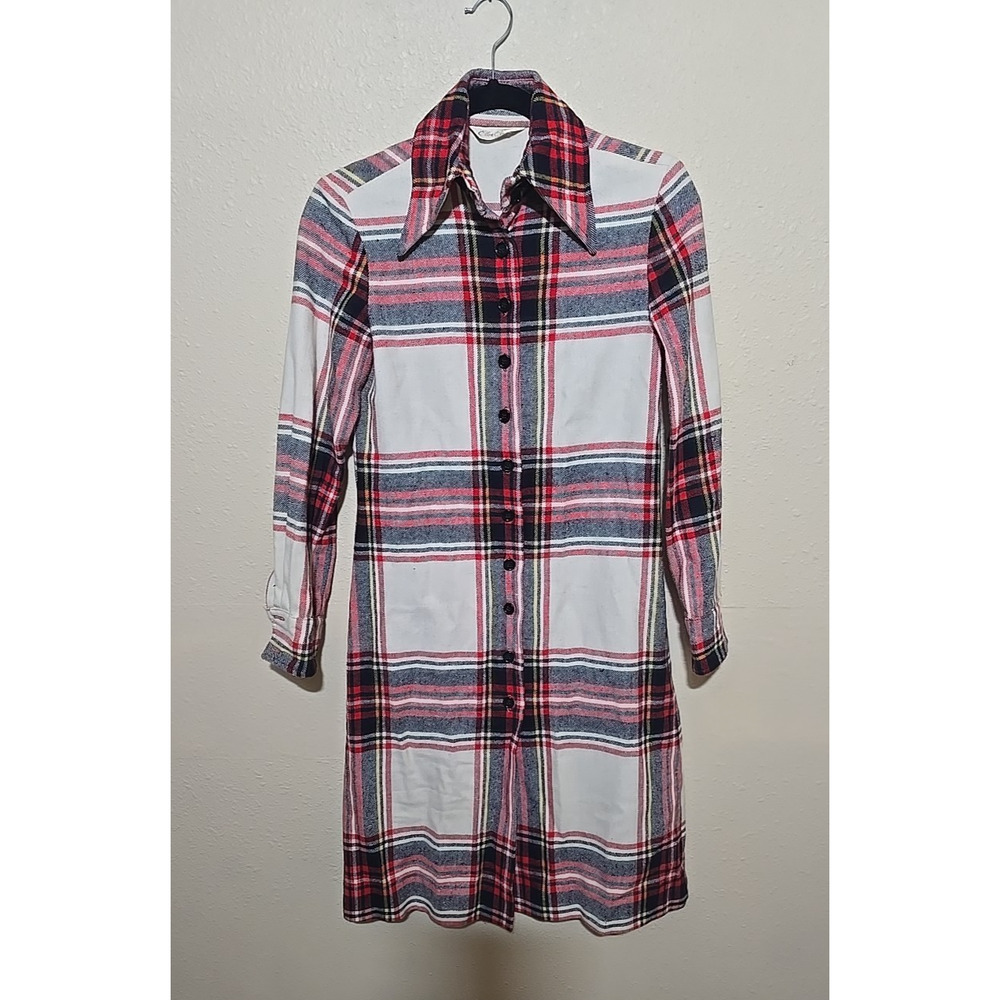 Vtg 70s Ellen Tracy Red White Plaid Wool Preppy Shirt Dress Womans Size Small